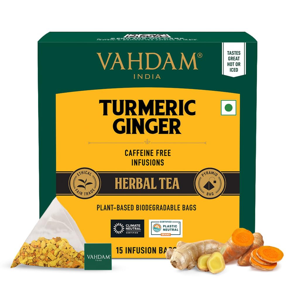 VAHDAM, Turmeric Ginger Herbal Tea Bags (15 Pyramid Tea Bags) Caffeine Free, Non