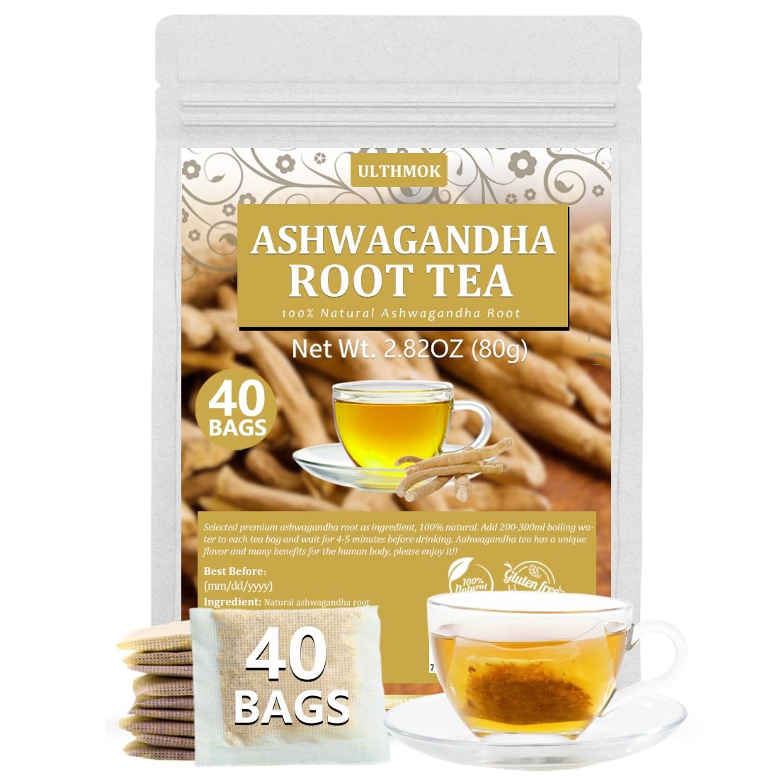 Premium 40 Ashwagandha Tea Bags, Made with 100% Wild Ashwagandha Root, No Additi