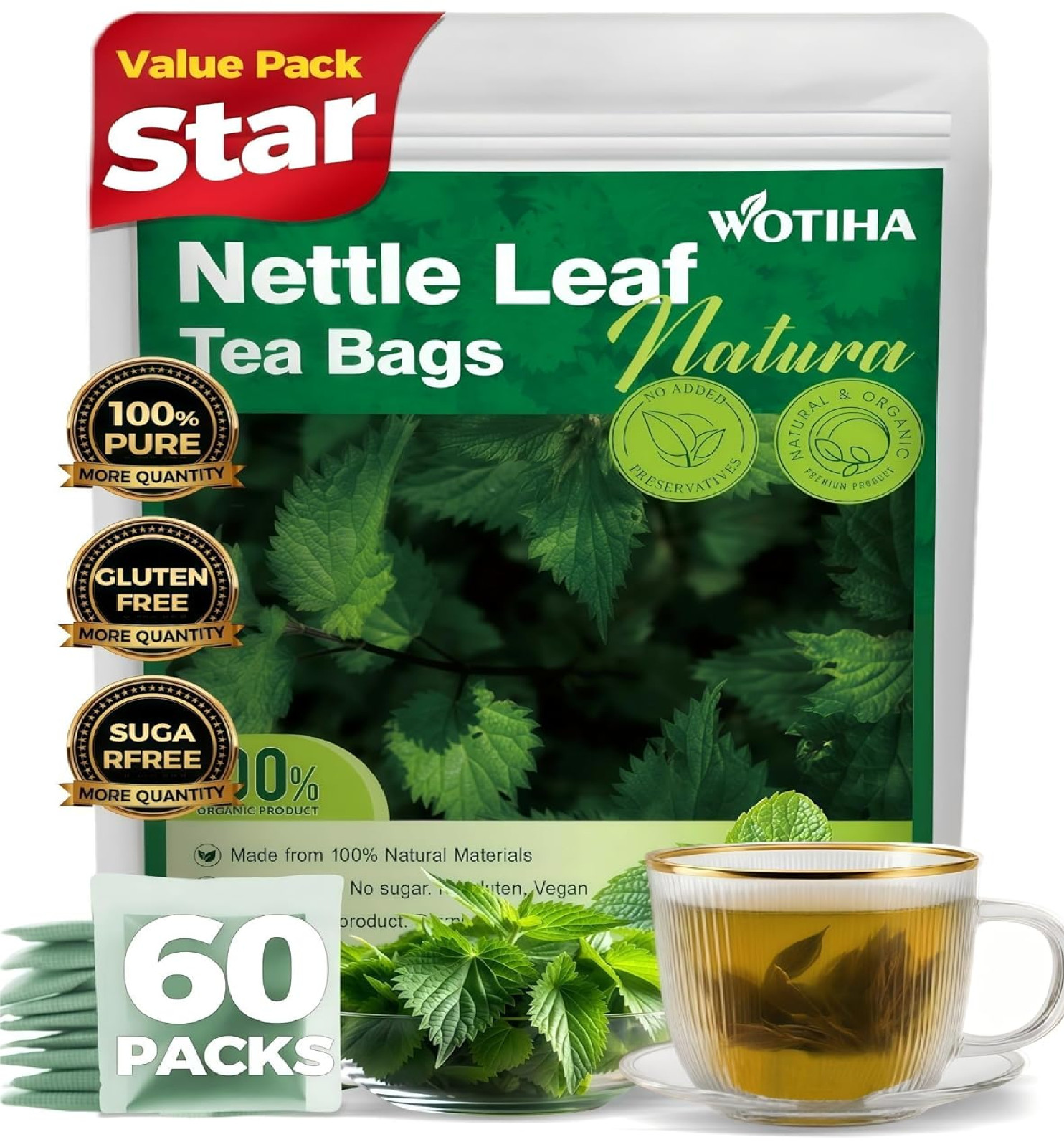 WOTIHA Premium Natural Nettle Leaf Tea Bags, 60 Count – 100% Pure Herbal Tea,Sup