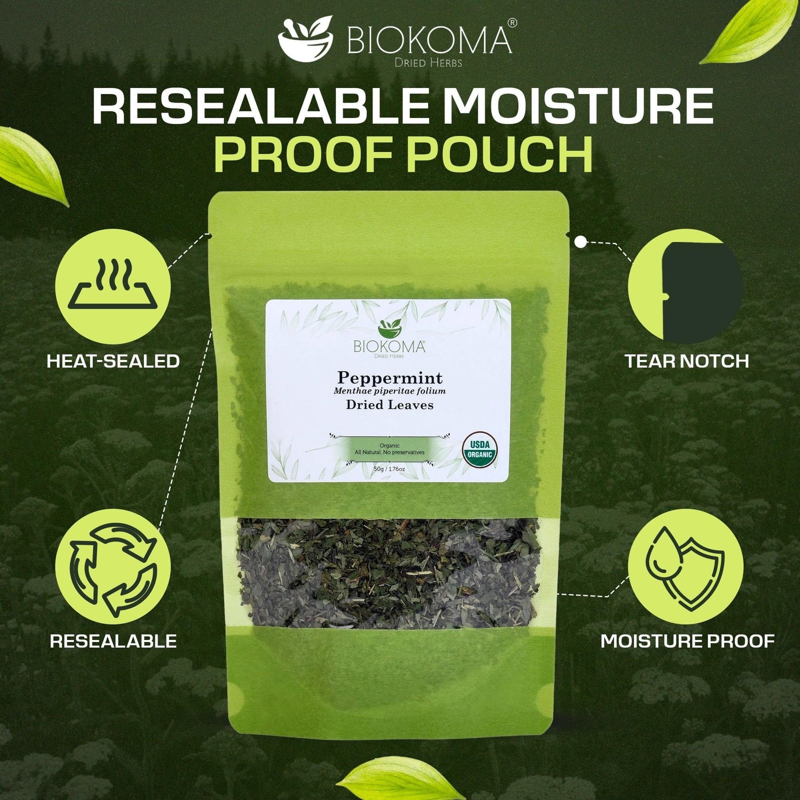 Organic Peppermint Dried Leaves 50g (1.76oz) Caffeine-Free Refreshing Soothin…