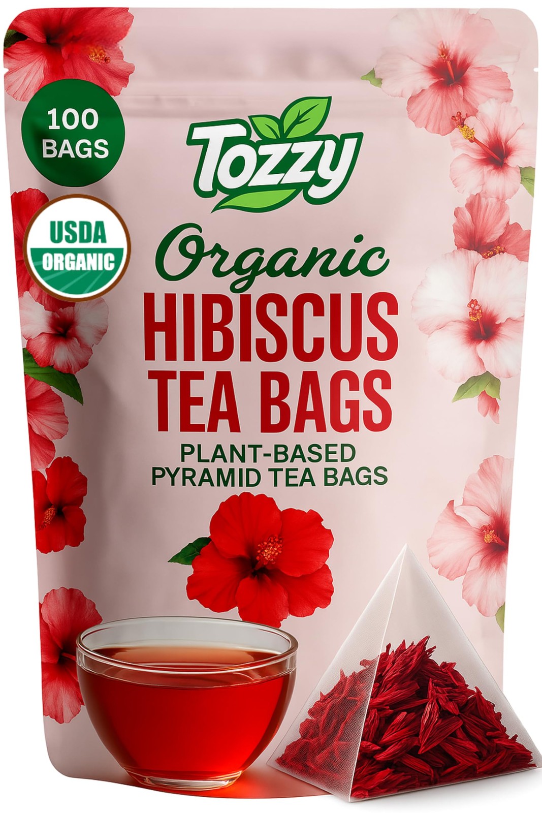 Organic Hibiscus Tea – 100 Count, PlantBased Pyramid Tea Bags