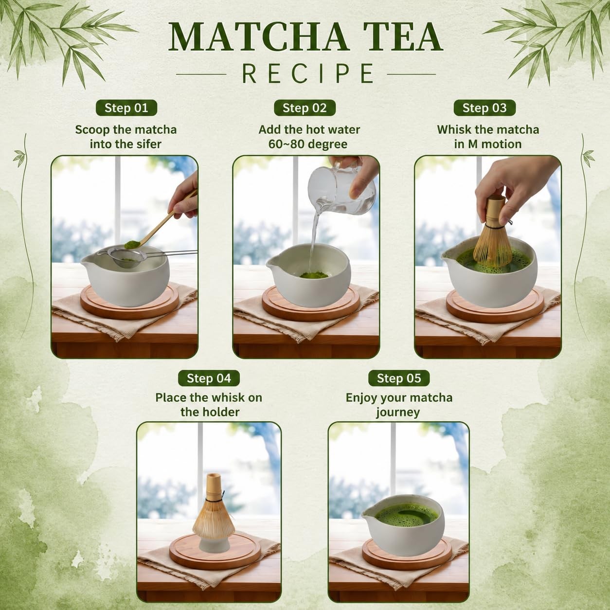 Matcha Whisk Set | 8PCS Ceramic Matcha Kit (White) with Bowl, Bamboo Whisk (C