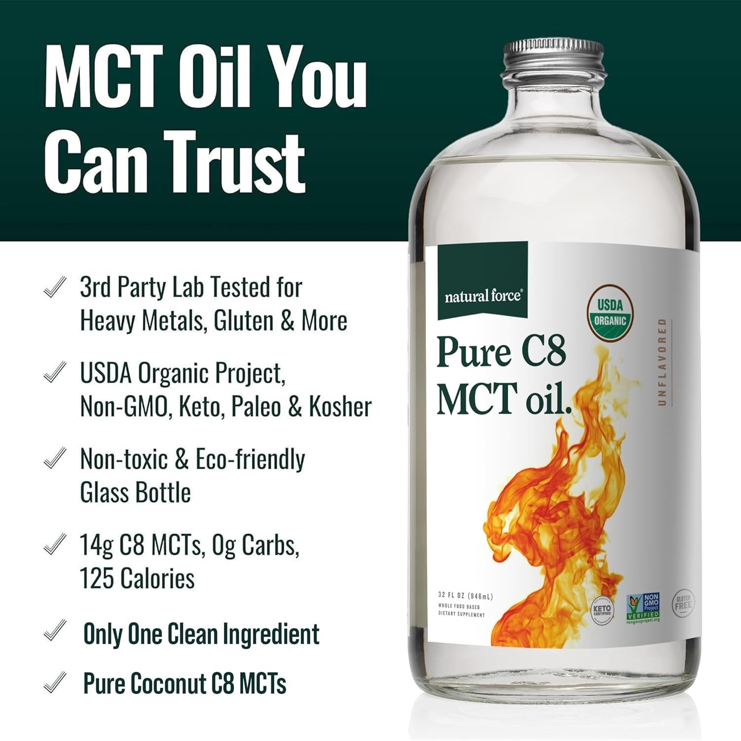 Natural Force Organic Pure C8 MCT Oil – Liquid 16 Fl Oz (Pack of 1)