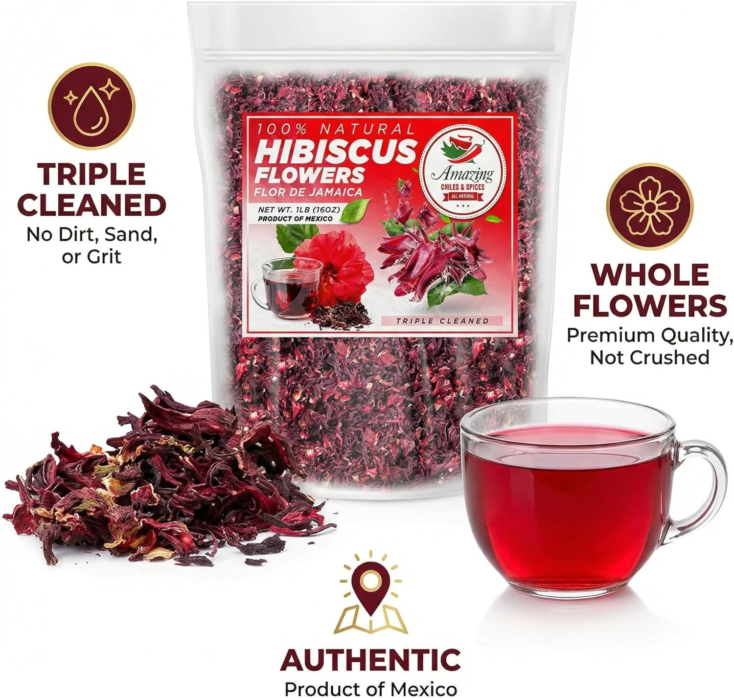 Hibiscus Flowers 1Lb (16Oz) – All Natural, Triple Cleaned – Whole Soft Flowers a