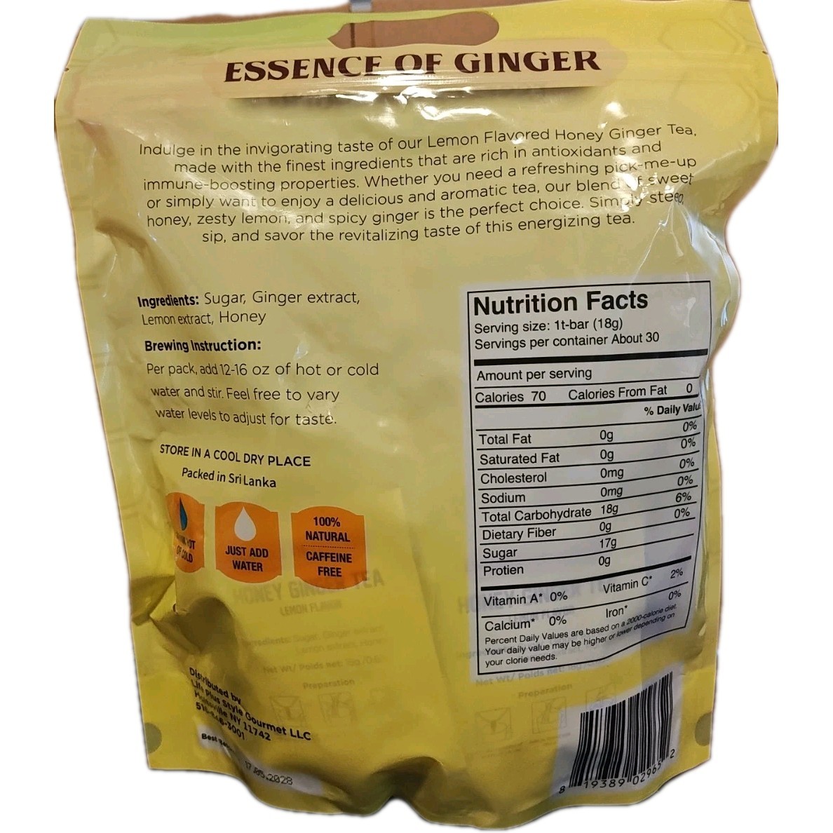 Family Size Instant Honey Ginger Tea Lemon Flavor 30 sachets Caffeine Free 2pack
