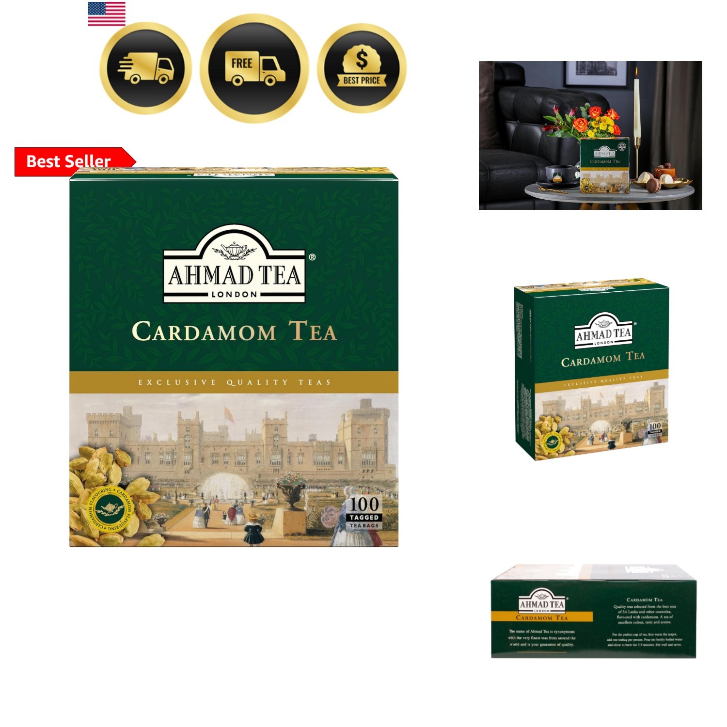 Black Tea, Cardamom Teabags No Envelopes, 100 ct – Caffeinated and Sugar-Free