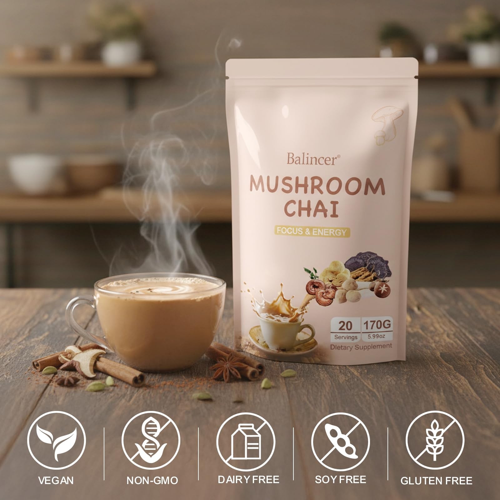 Balincer Mushroom Chai, 6 Adaptogenic Mushrooms Lion’s Mane, Cordyceps, Turke…