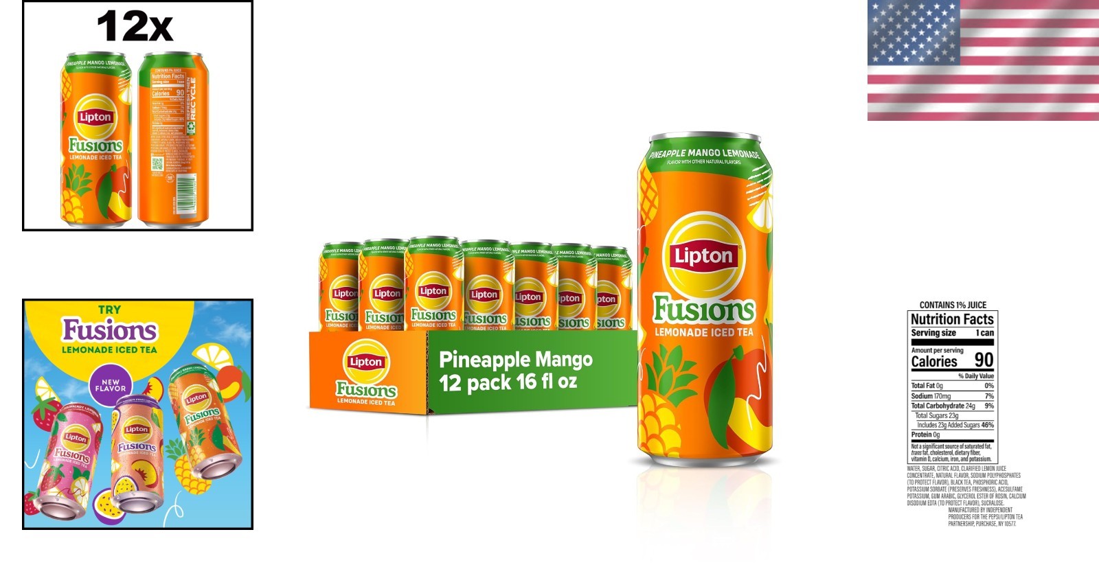 Lipton Fusions, Pineapple Mango Lemonade Iced Tea, 16 Fl Oz Cans Pack of 12