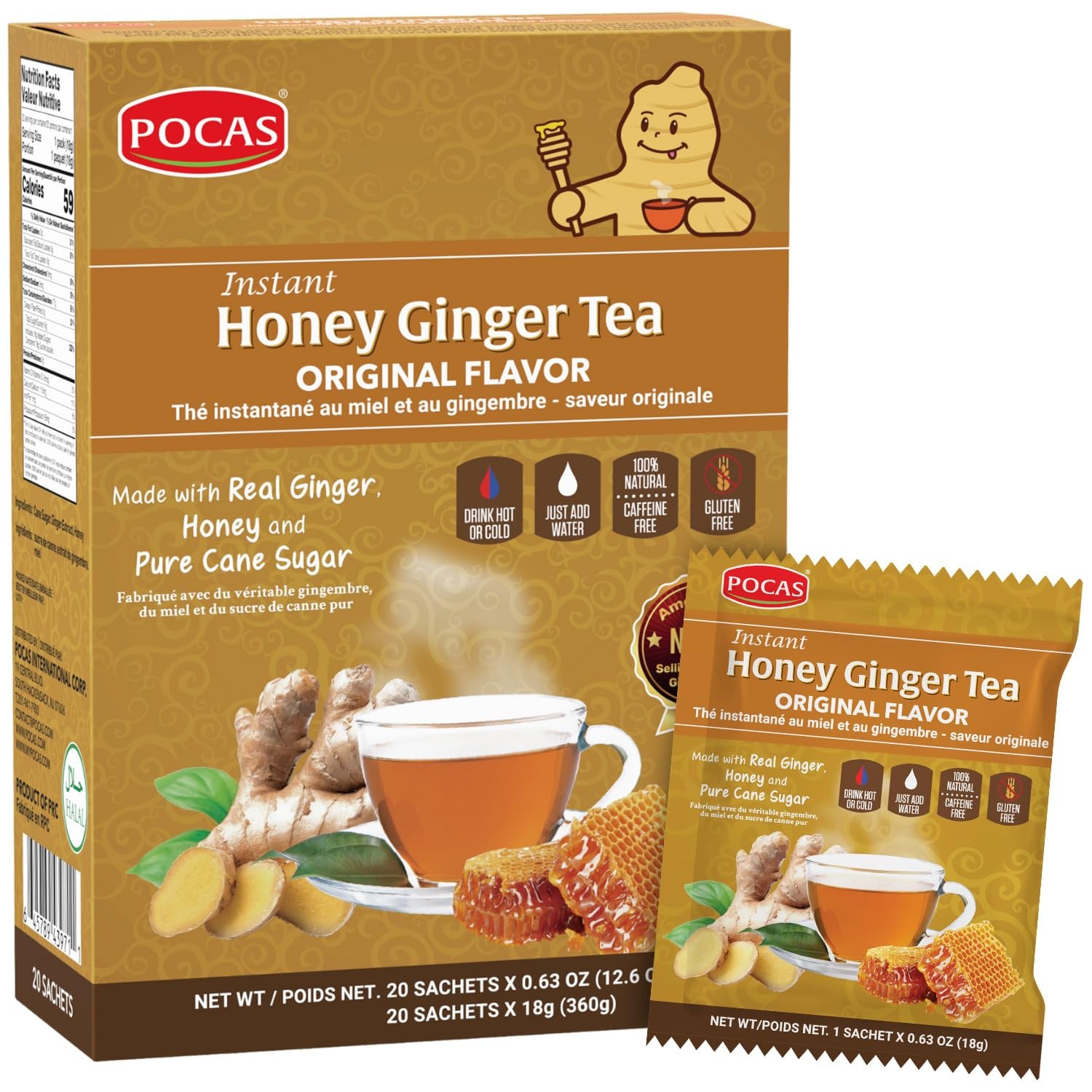 Pocas Honey Ginger Tea, Original, Instant Powder (20 12.7 Ounce (Pack of 1)