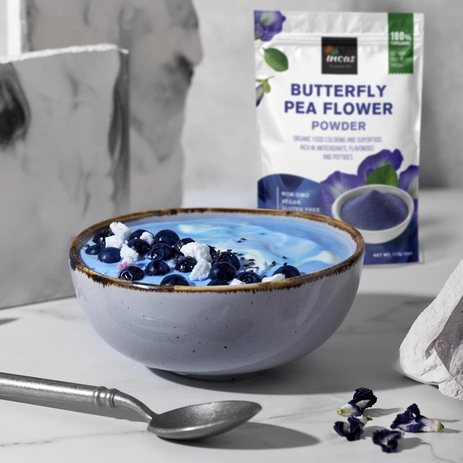 INCAS 100% USDA Organic Butterfly Pea Flower Powder (4 Ounce) | Organic Blue Mat