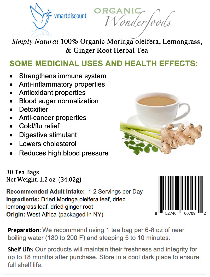 Moringa Oleifera, Lemongrass, & Ginger Root Herbal Tea 30 Bags