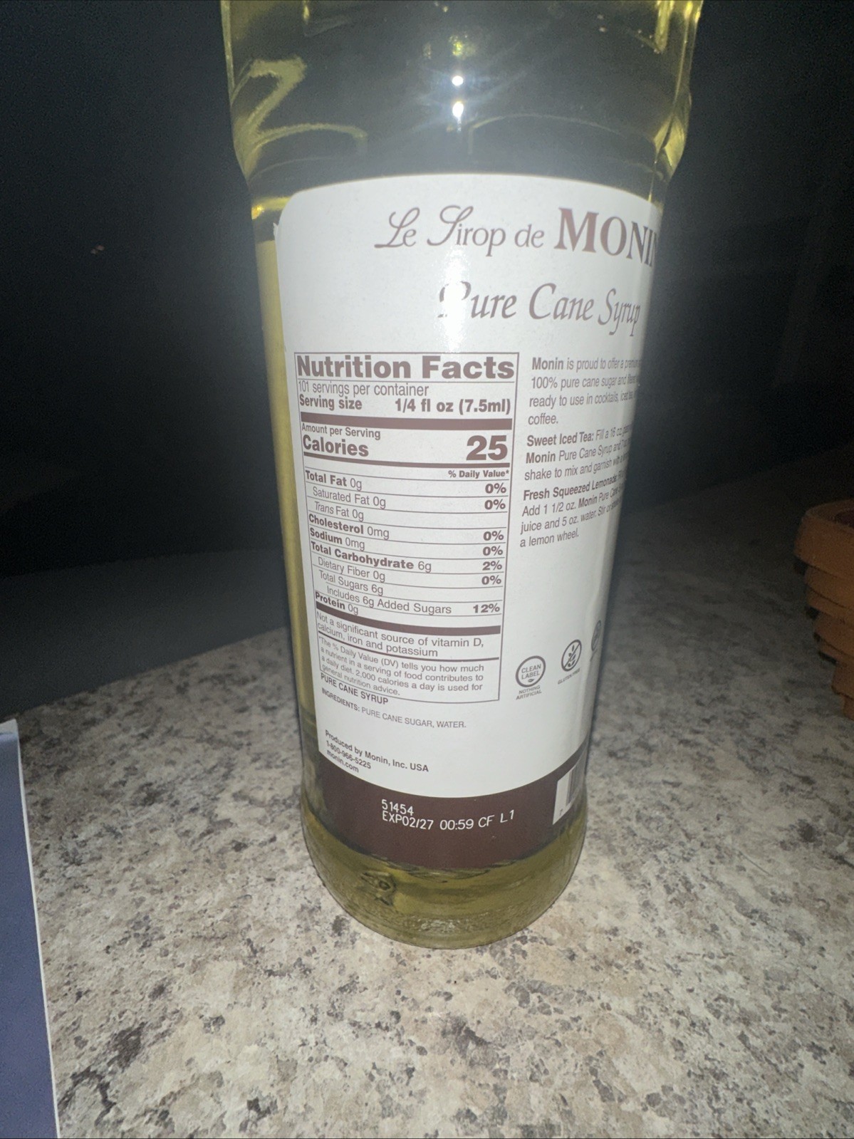 Monin Pure Cane Sweetener Syrup (750mL), Pure Cane