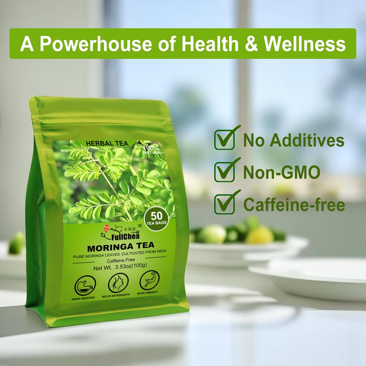 – Moringa Tea, 50 Teabags – Pure & Natural Moringa Leaves, Cultivated from India