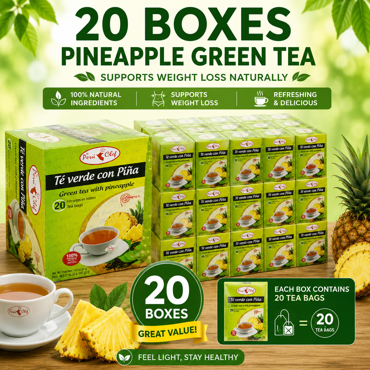 Pineapple Green Tea 20 Boxes Pack | 400 Total Tea Bags | Natural Green Tea with