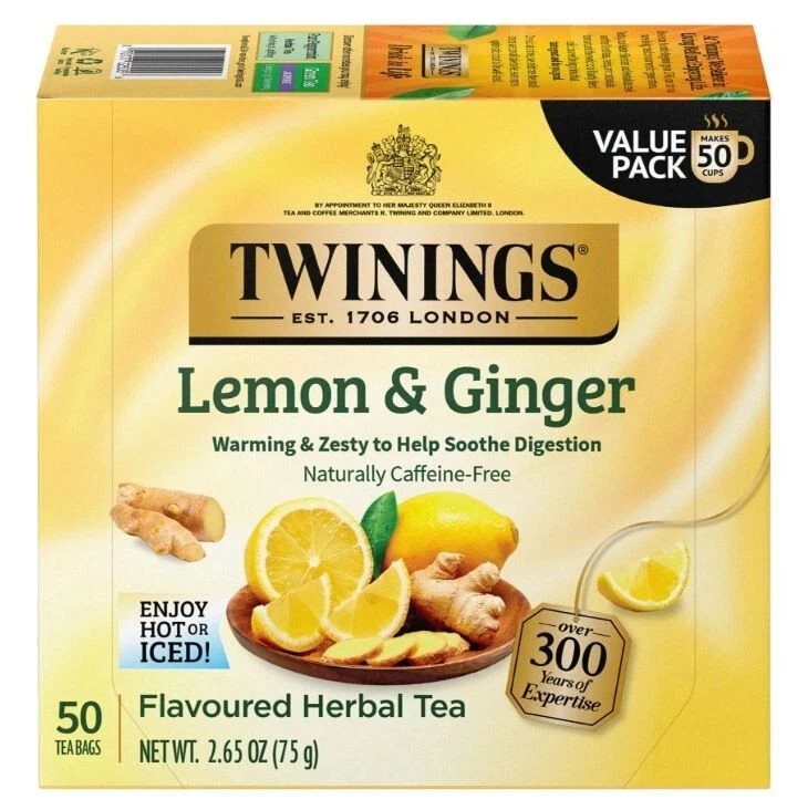 Twinings Lemon & Ginger Herbal Tea Bags, Caffeine Free, 50 Count Box
