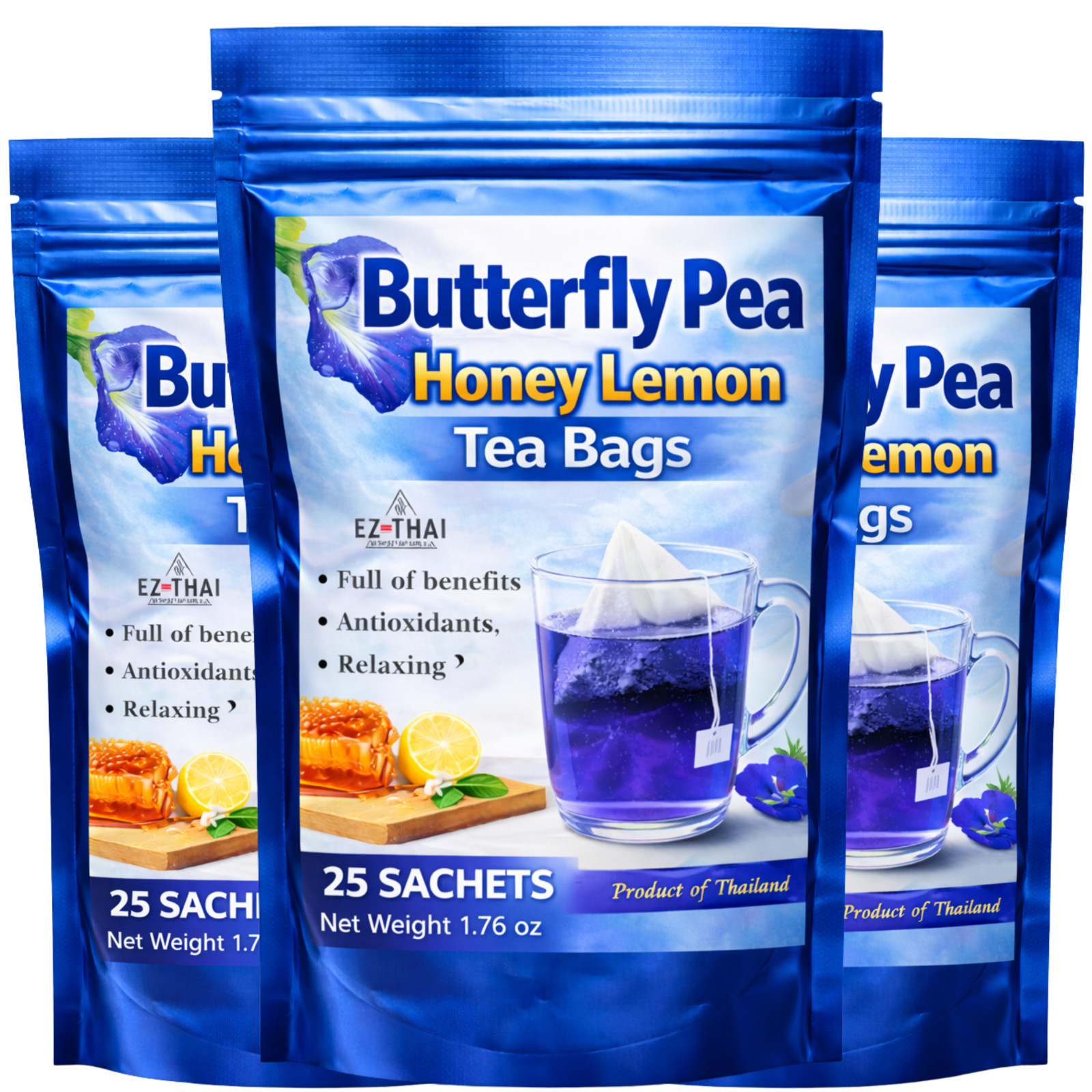 Value Pack3 Hot Brew Butterfly Pea Honey Lemon 25 Sachets 1.76oz Thai Herbal Tea