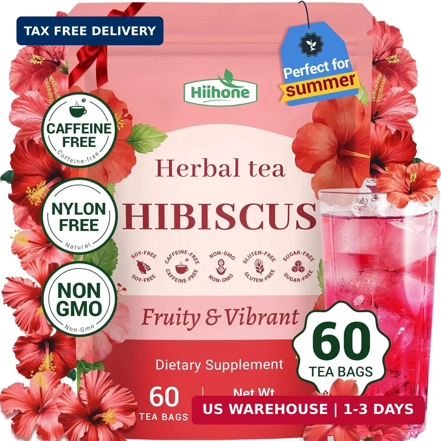 Hiihone Hibiscus Tea Bags 60 Count – Pure Hibiscus Flower Herbal Tea, Caffeine-F