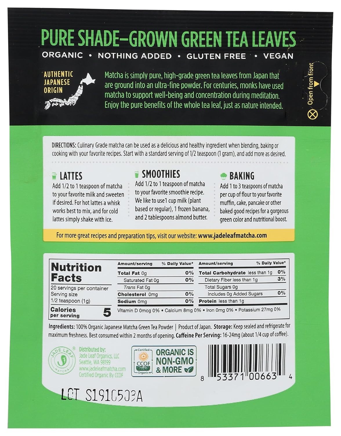 Jade Leaf Matcha Organic Japanese Culinary Powdered Tea (2) 0.71 Oz ~ 20 Grams