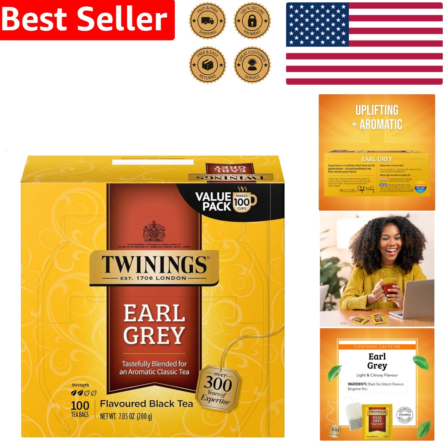 Classic Earl Grey Black Tea 100 Teabags Bergamot Citrus Flavor Uplifting