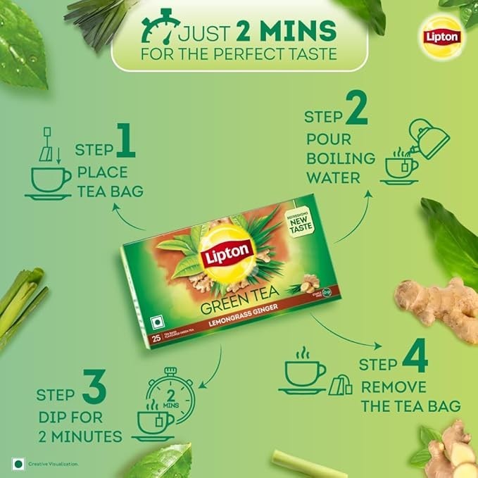 Lipton Lemongrass Ginger Green Tea 25 Bags | Detox & Weight Management | 33g