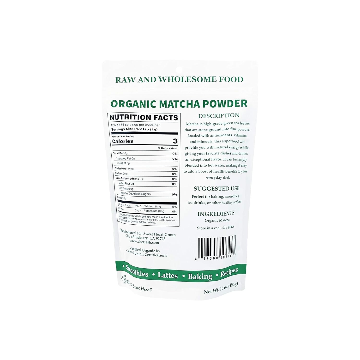 USDA Certified Organic Matcha Green Tea Powder, 1 LB Bag