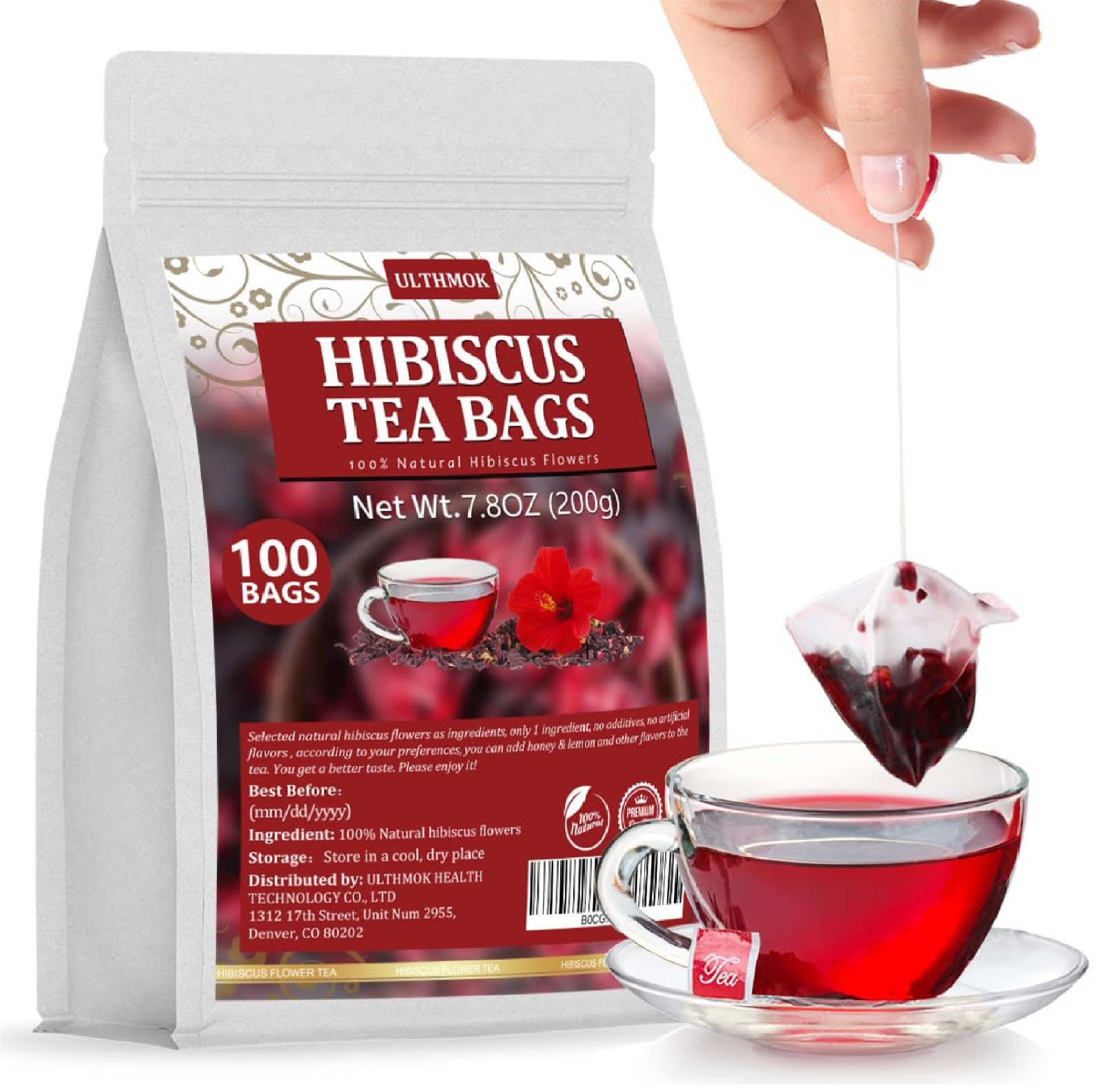 Premium Hibiscus Tea Bags,100 Tea Bags/7.06 Oz,100% Pure Dried Hibiscus Flower,N