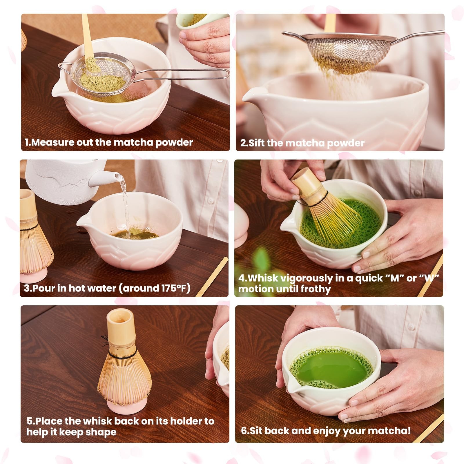 Matcha Whisk Set 6 Pcs – Includes Bowl, Whisk, Sifter, Scoop & Spoon for Tea