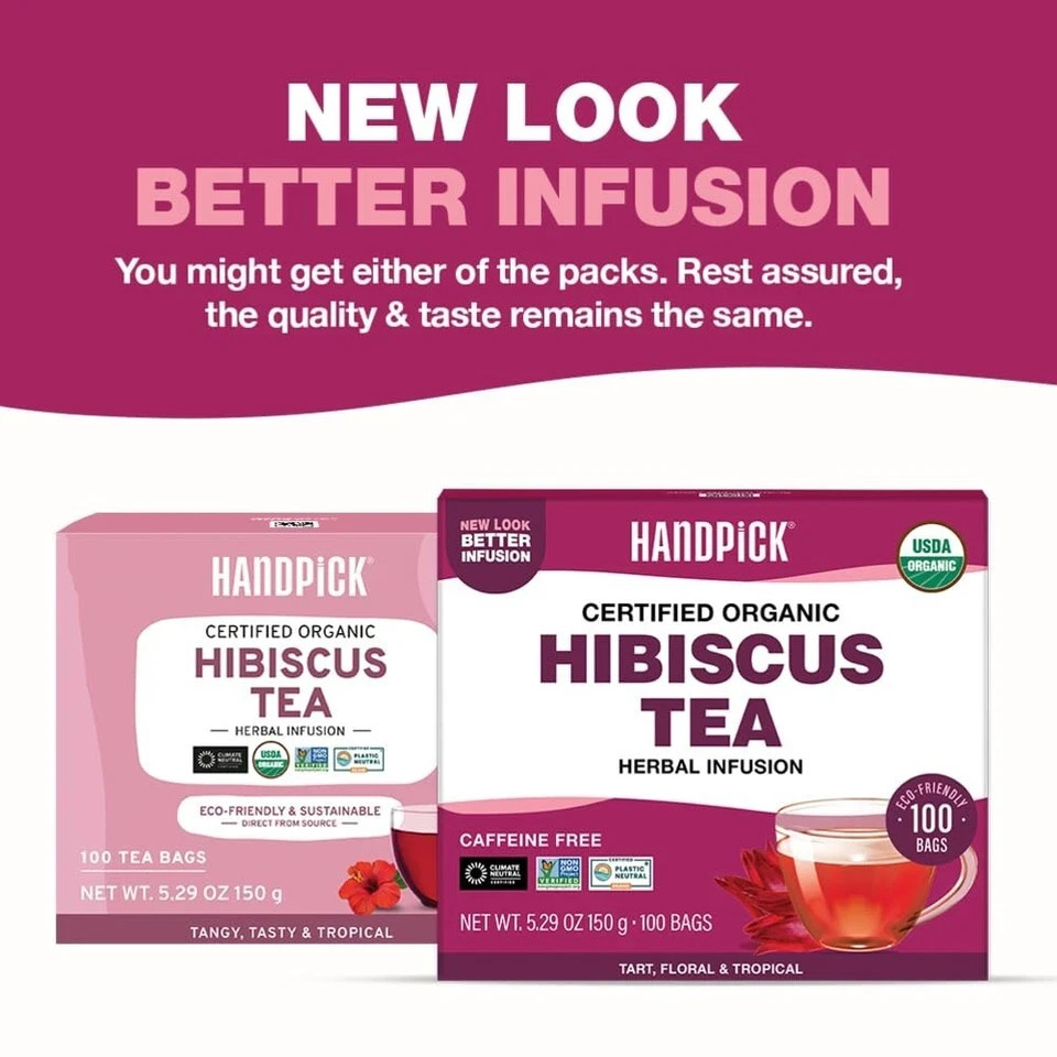HANDPICK, Organic Hibiscus Tea Bags (100 Tea Bags) | Caffeine-Free, 100% Natural