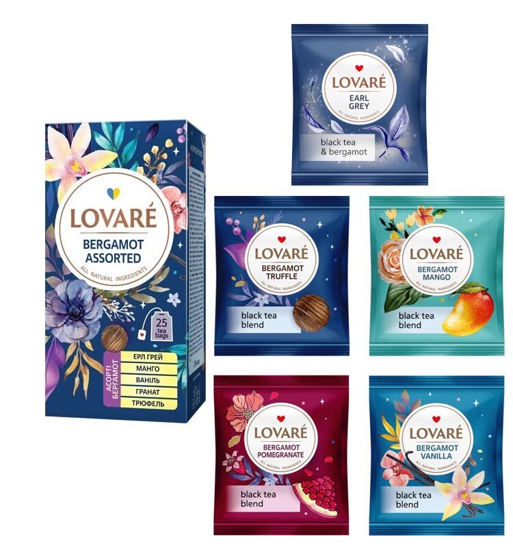 Ukrainian Natural Assorted Black Tea LOVARE Bergamot 5 Flavors 25 Tea Bags