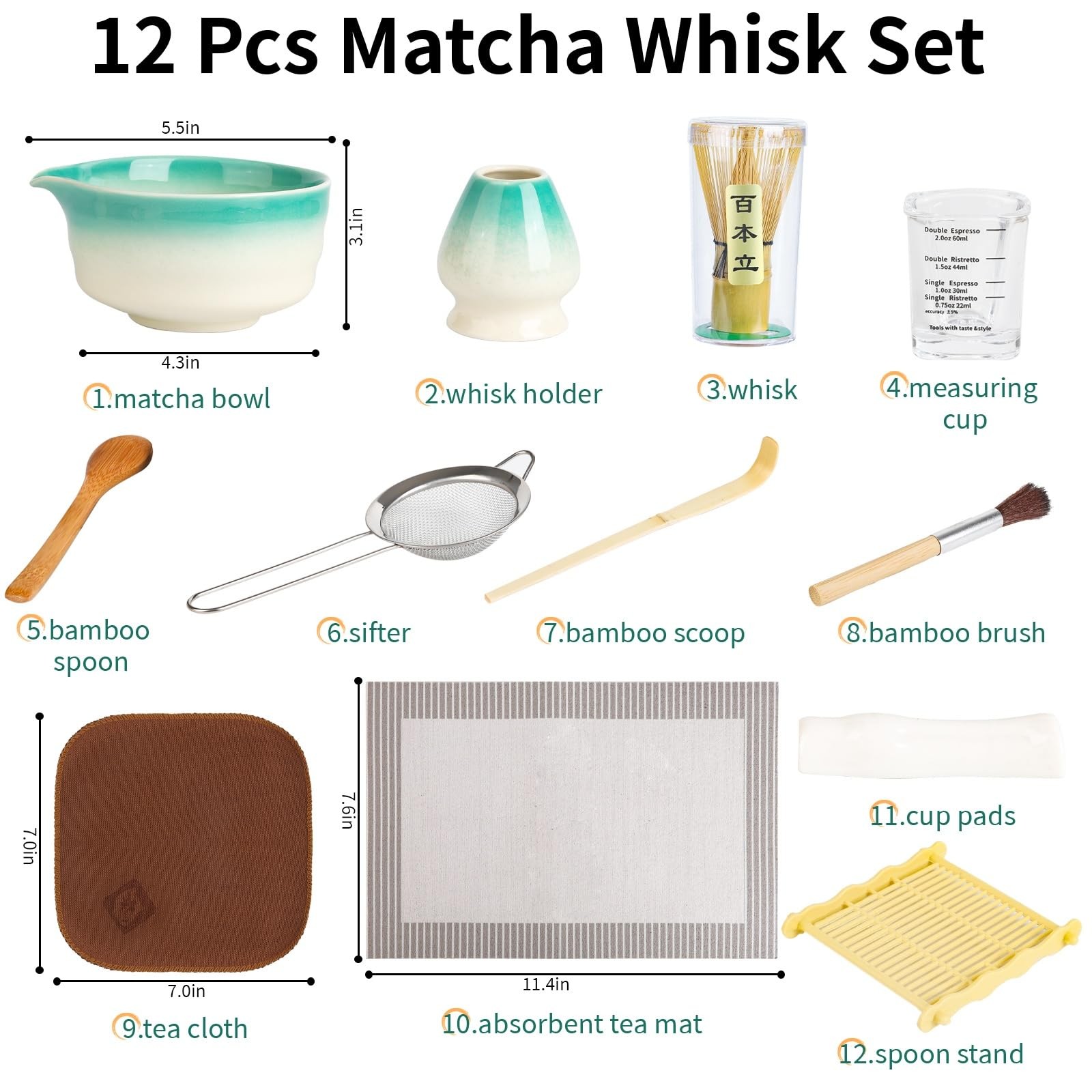 12 Pcs Matcha Whisk Set – Matcha Set Includes Ceramics Matcha Bowl and Cup, M…