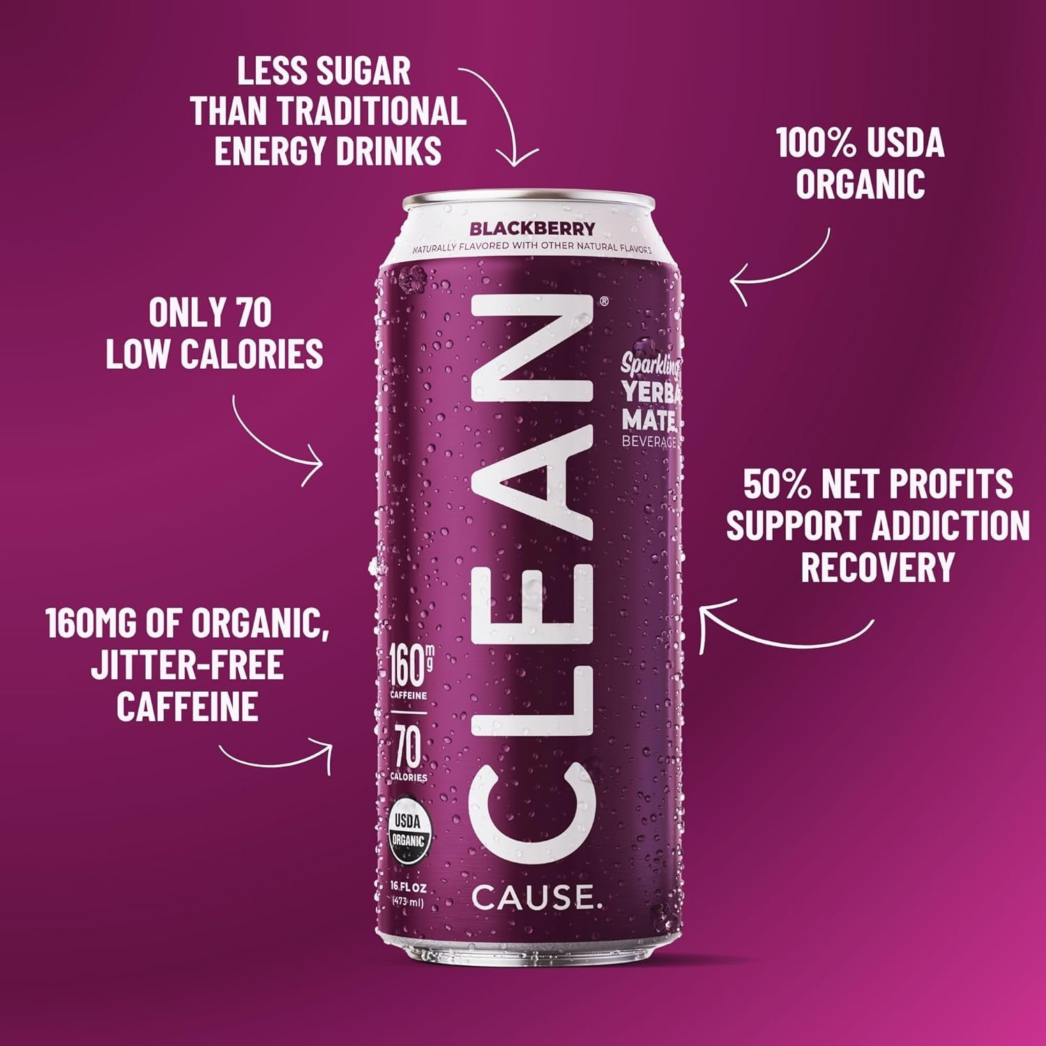 CLEAN Cause Low Calorie Blackberry USDA Organic Sparkling Yerba Mate Tea (16Oz C