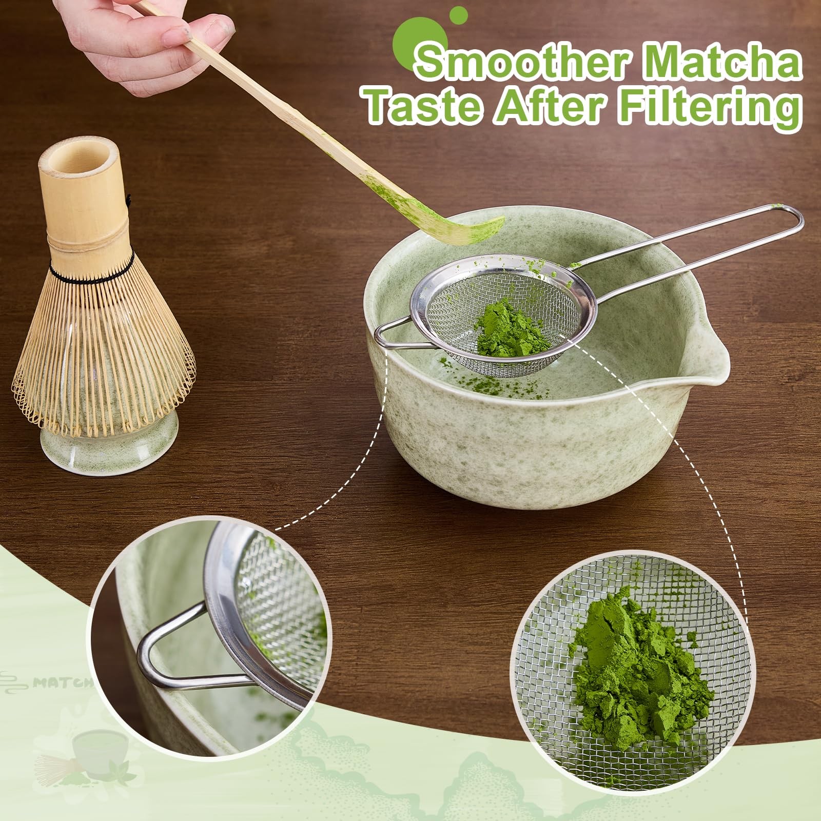 Matcha Whisk Set 7 Pcs – Bowl with Spout, Bamboo Whisk, Sifter, Scoop – Ideal