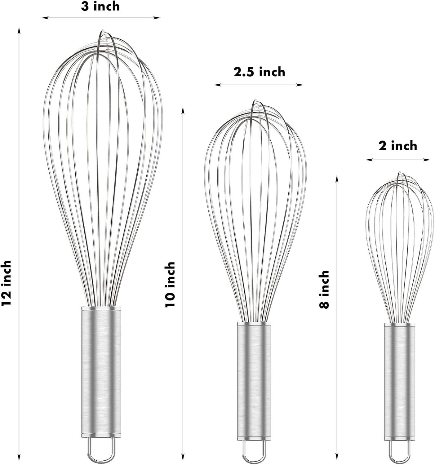 304 Stainless Steel Whisk Set, Dishwasher Safe Rustproof Metal Whisk, Silver