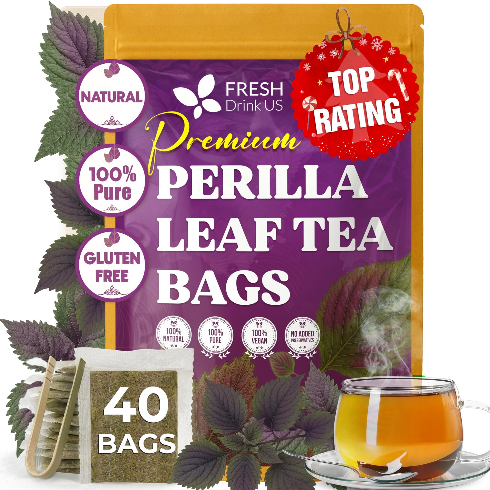 Pure Perilla Leaf Tea Bags – 40 Count | Caffeine-Free, Non-GMO Herbal Tea