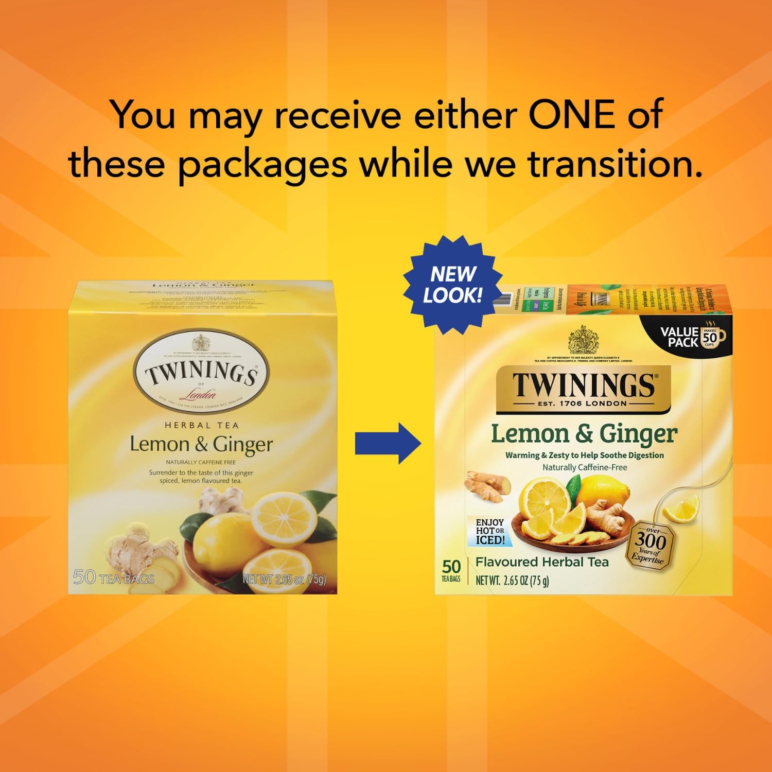 Twinings Lemon Ginger Herbal Tea Bags 50 Count Caffeine Free Brew Anytime