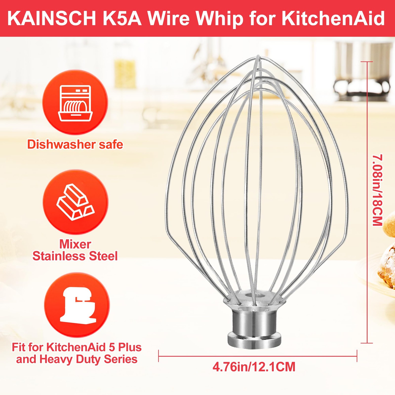 K5A Stainless Steel Whisk for KitchenAid 5Qt Bowl Lift Whisk, Silver