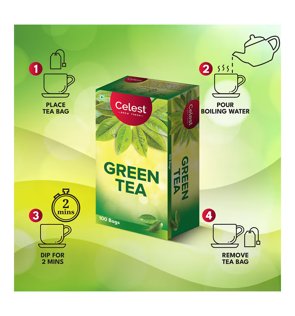 100% Natural Celest Green Tea 100 Bags – Ginger | Mint & Lemon | (Each 1.5g)