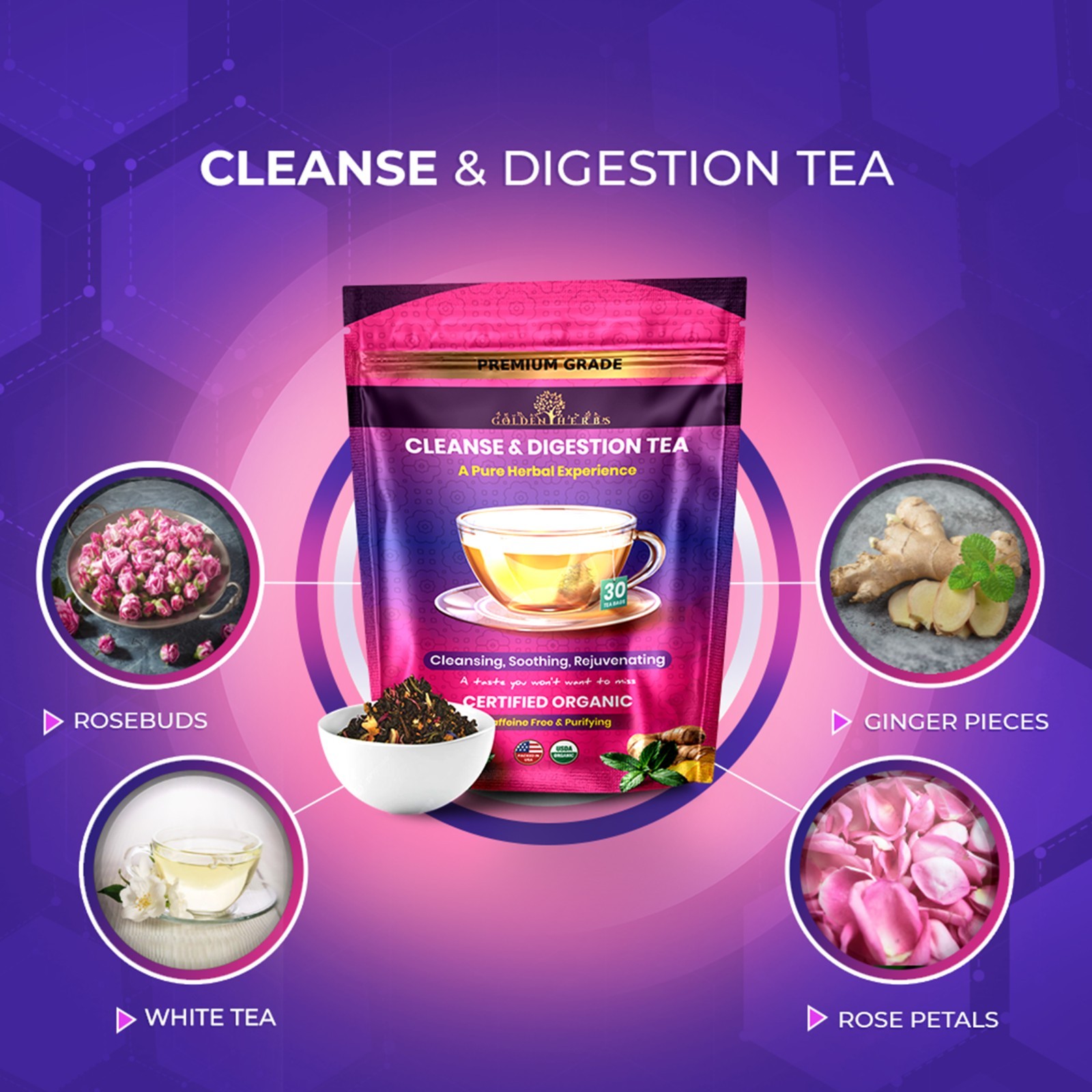 Golden Herbs Cleanse & Digestion Herbal Tea – Natural Detox & Gut Support