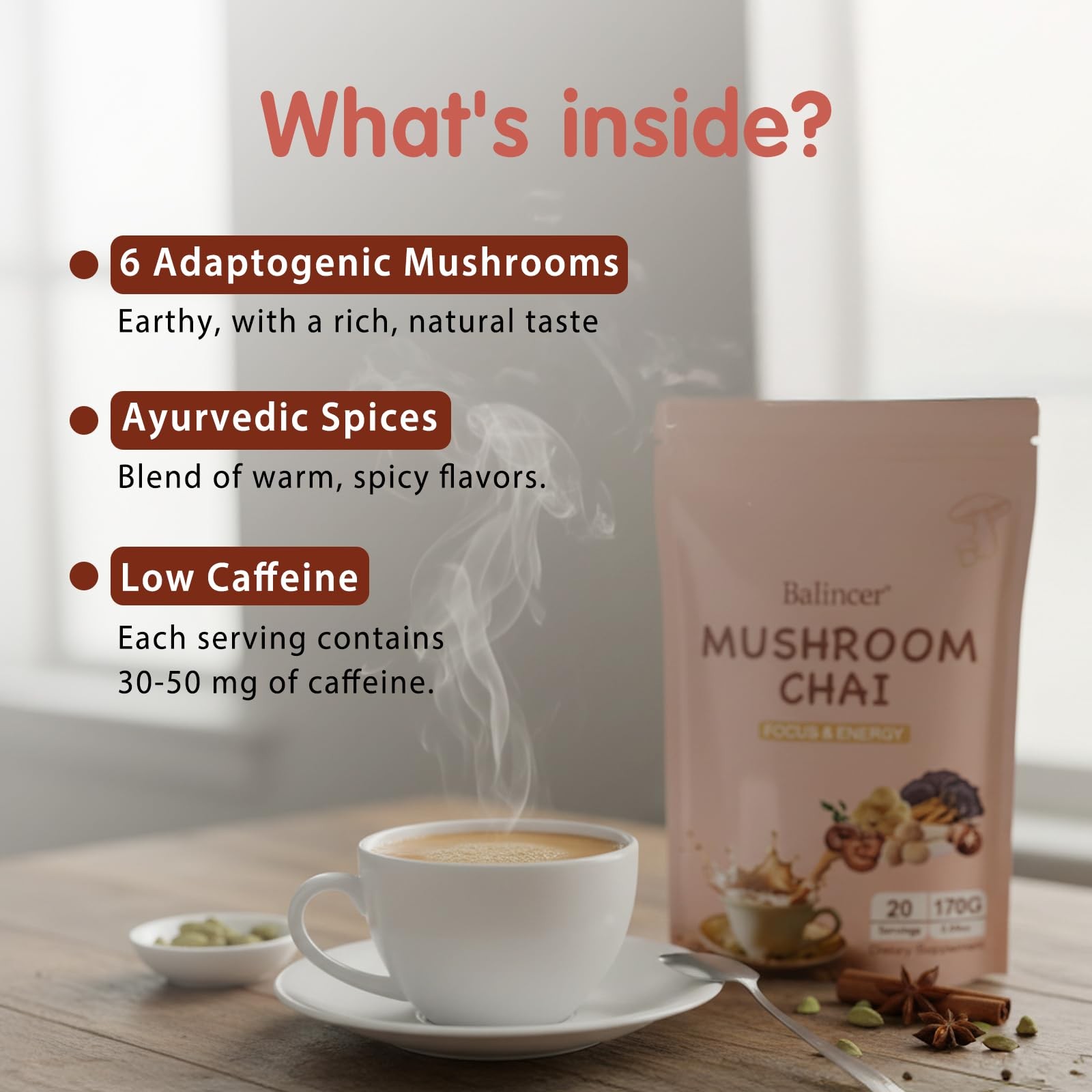Balincer Mushroom Chai, 6 Adaptogenic Mushrooms Lion’s Mane, Cordyceps, Turke…
