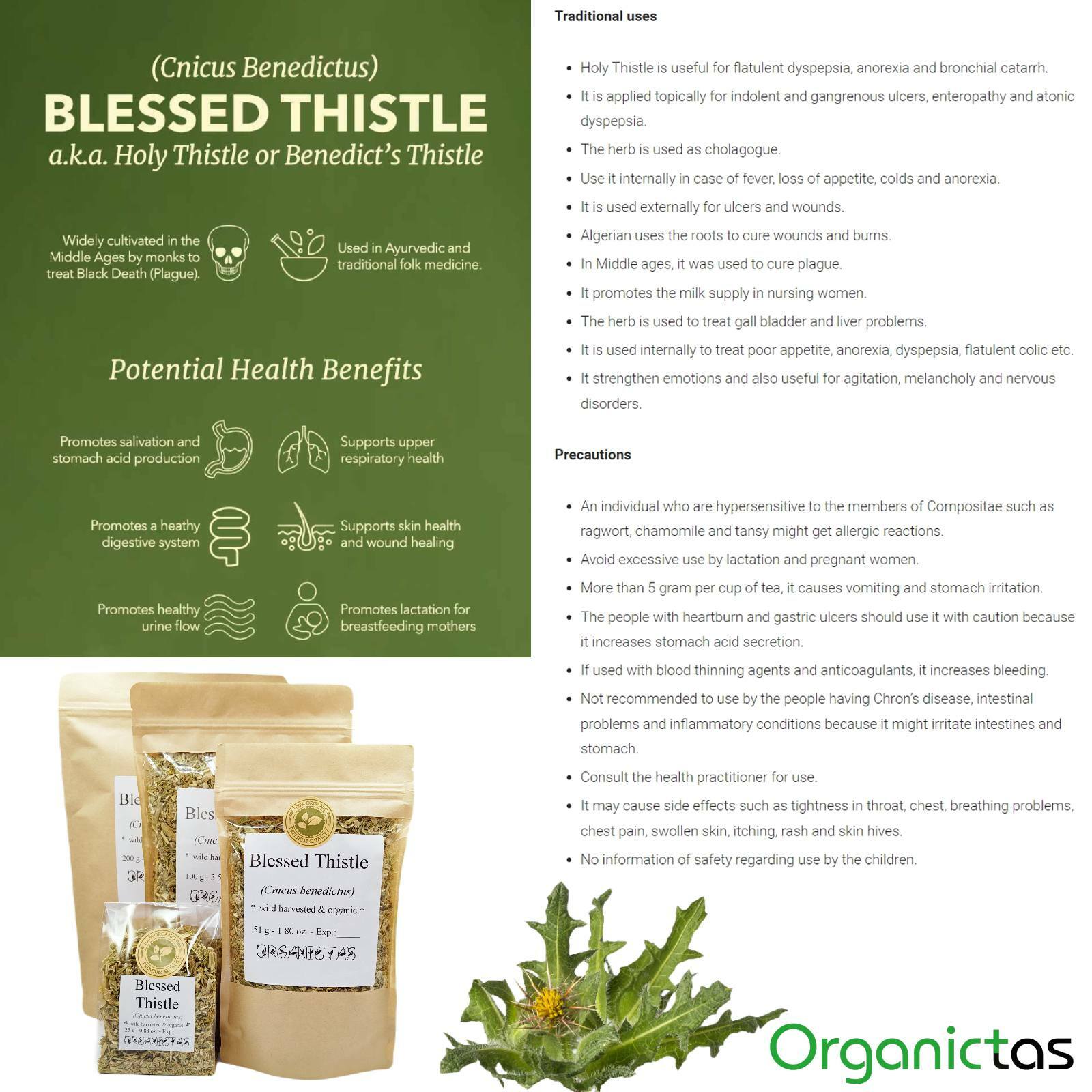 Organic Blessed Holy Thistle Tea Cnicus Benedictus Dried & Loose Premium Qualtiy
