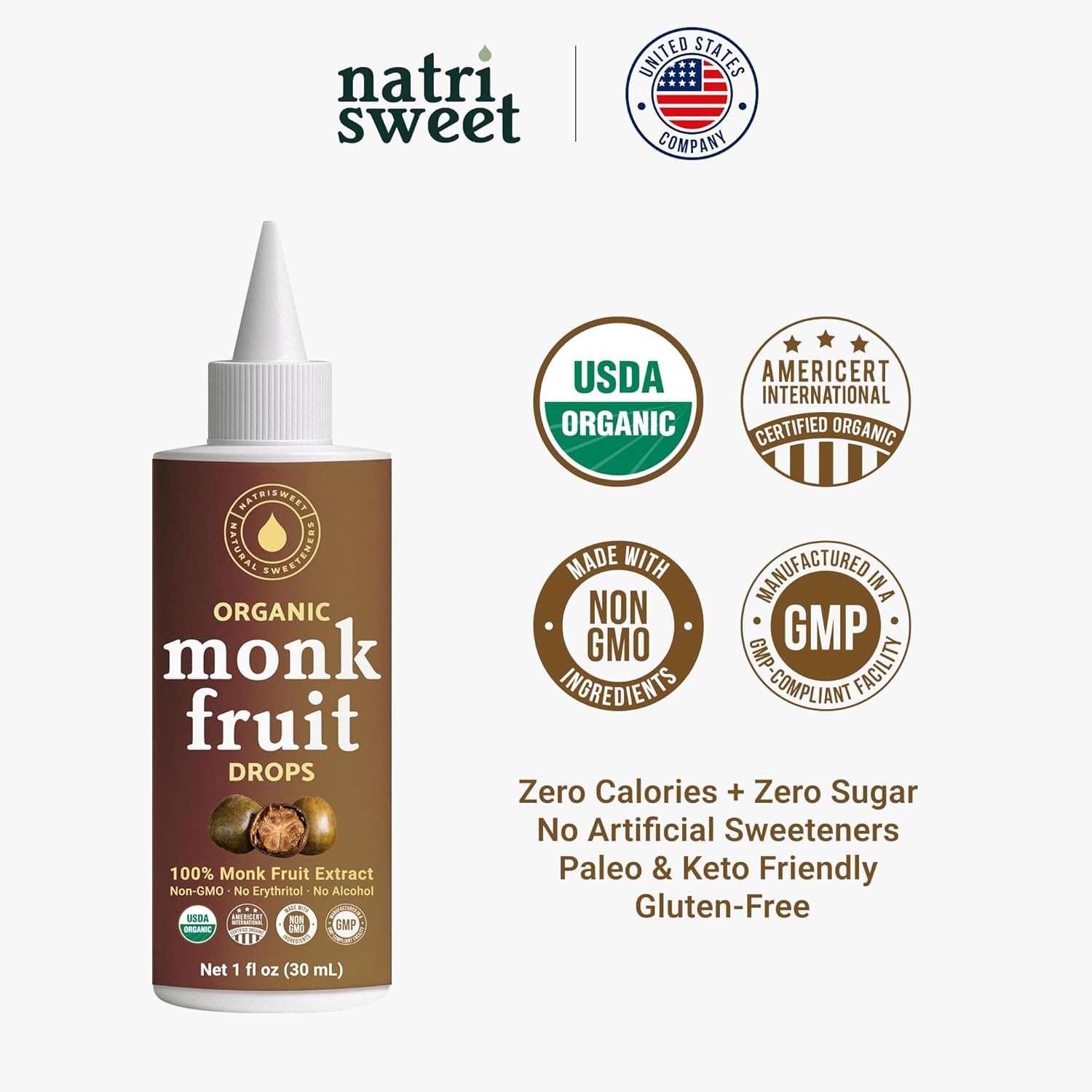 Organic Monk Fruit Liquid Sweetener Drops 100% Pure Extract Zero Sugar 1 fl oz