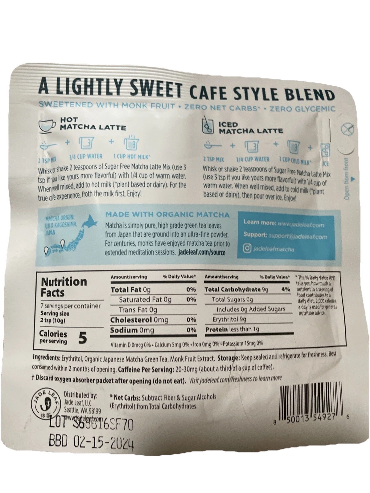 Jade Leaf Sugar Free Organic Matcha Latte Mix Cafe Style Sweetened Blend 2.5 Oz