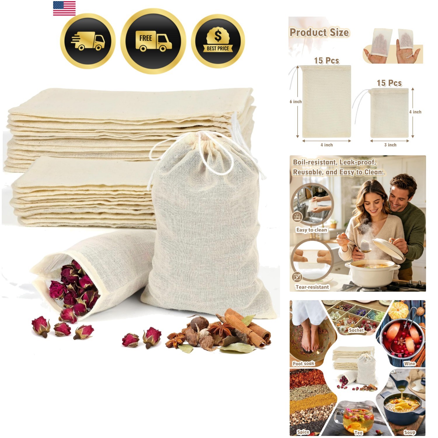 Reusable Cotton Tea Bags 30pcs Mesh Drawstring Filter Bags for Cooking Herbs