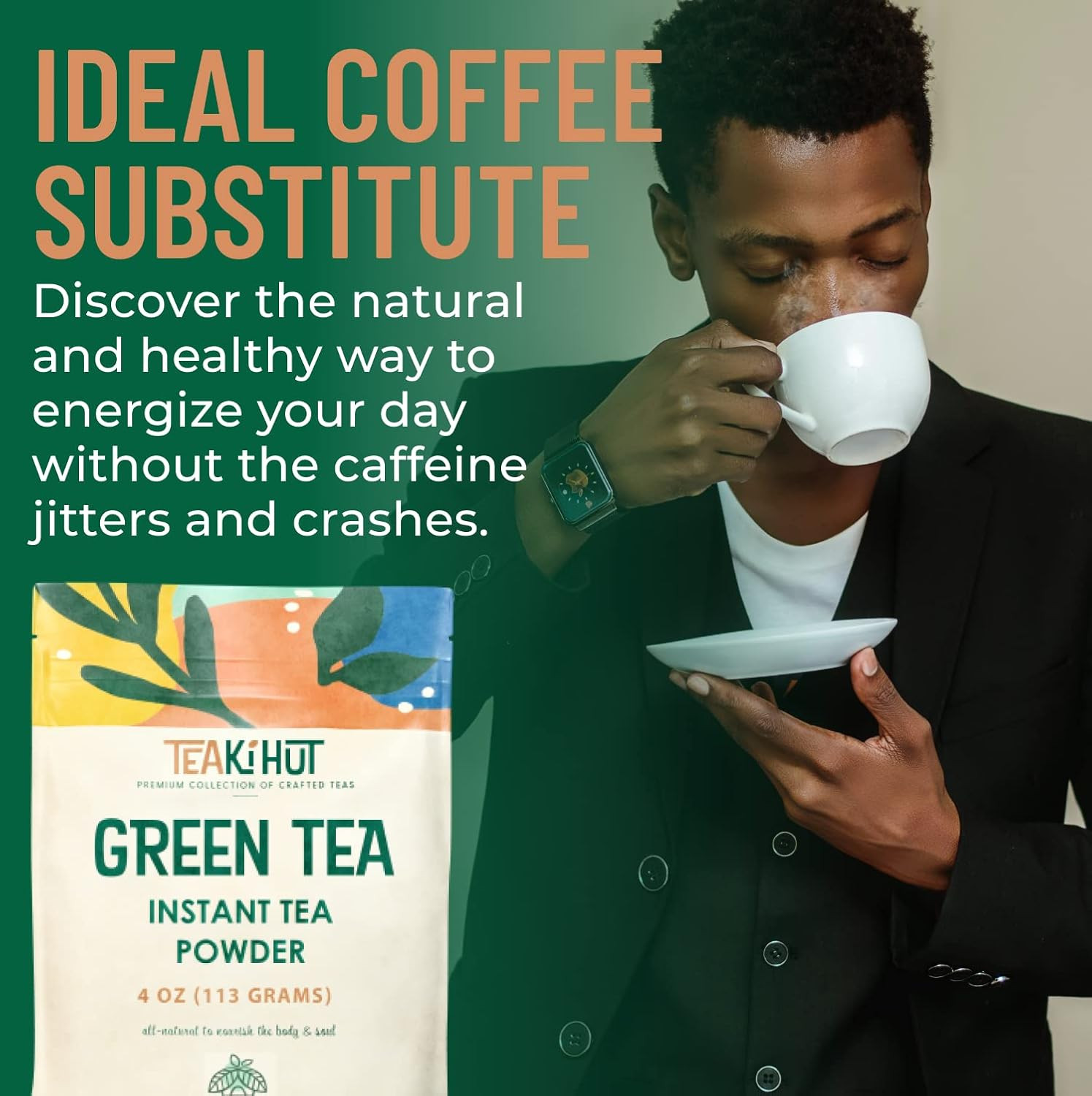 Instant Green Tea Powder, Refreshing Unsweetened Drink Mix, Premium Green Tea In