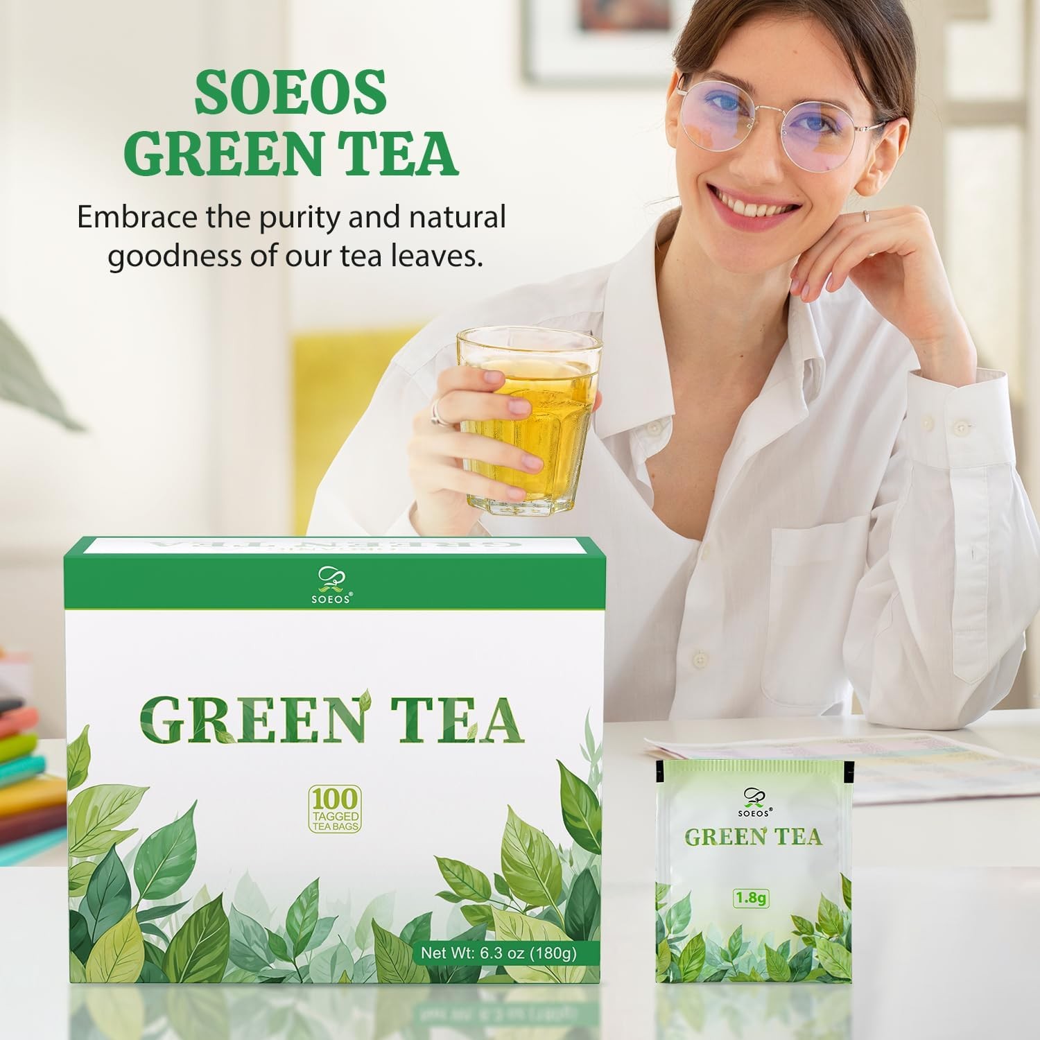 Green Tea, 6.3 oz (180g), 100 Tea Bags, Refreshing and Fragrant, Sustainably