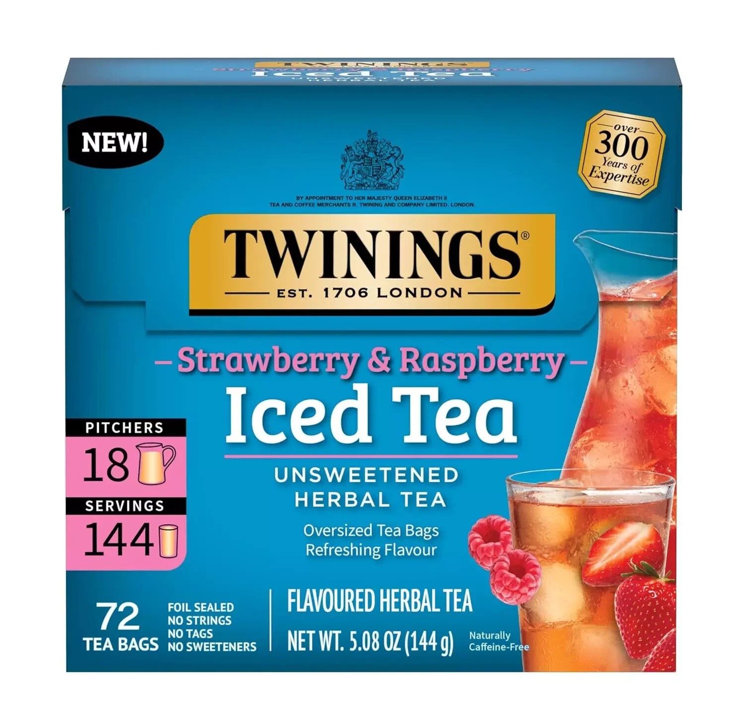 Twinings of London STRAWBERRY & RASPBERRY Iced Tea 72-Bags Unsweetened BB 2/27