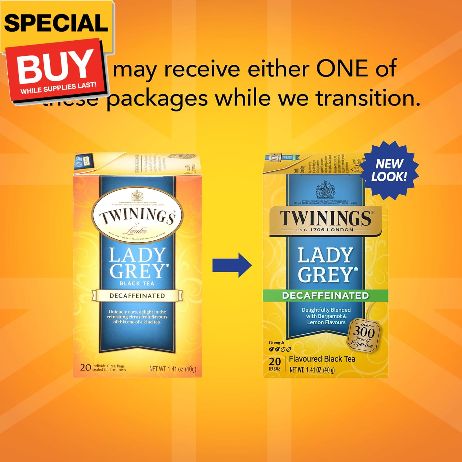 Decaffeinated Lady Grey Black Tea Individually Wrapped Bags, 20 Count (Pack of 1