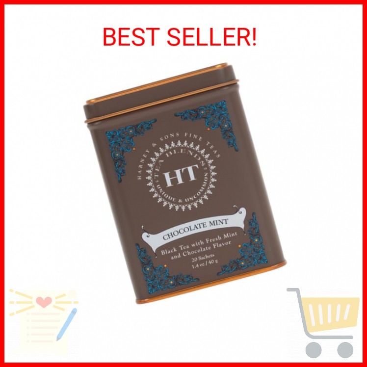 Harney and Sons Chocolate Mint, Flavored Black Tea – 20 Sachets per Tin