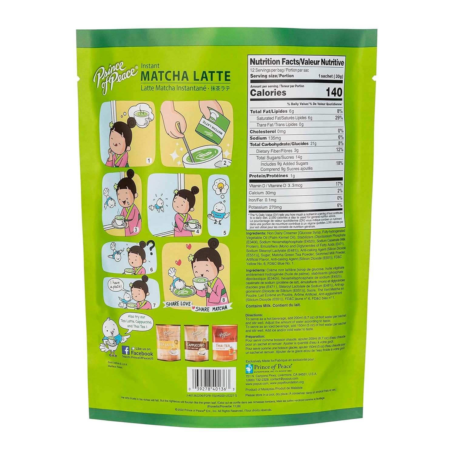 Prince of Peace 3 in 1 Matcha Latte – Instant Beverage – 12 Sachets