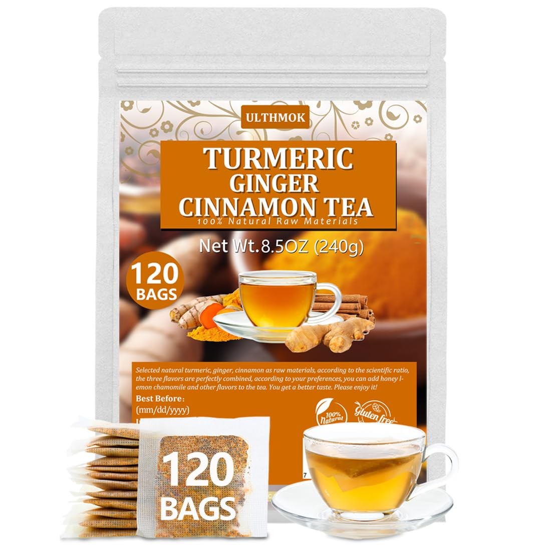 120 Premium Turmeric, Ginger, Cinnamon Blend Tea Bags, 120 Count (Pack of 1)